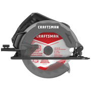 Photo of CRAFTSMAN CMES500 circular saw, side angle, gray body with red and white blade on white background.
