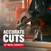 Craftsman circular saw CMES500 held in hand, cutting wood in workshop, orange and silver color.