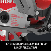 CRAFTSMAN CMES510 graphics showing 7-1/4 inch 18T carbide blade with 2-1/8 inch cutting capacity, front angle.