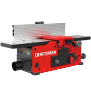 Photo of CRAFTSMAN CMEW020 benchtop jointer, red and black with gray knobs, side angle, white background.