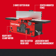 Craftsman jointer CMEW020 with red body, center-mounted fence, 2-knife cutter head, heavy-duty 10 amp motor, front angle.