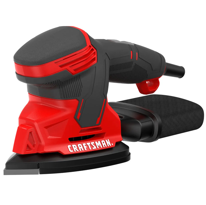 Craftsman CMEW210 red and black detail sander, side angle, with dust bag on white background.