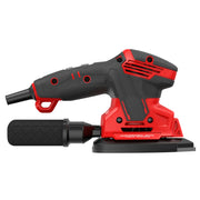 Photo of Craftsman CMEW210 red and black handheld electric sander, side angle, with dust collection attachment.
