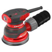 Photo of CRAFTSMAN random orbit sander CMEW231 in red and black, side angle, with branded dust collection bag.