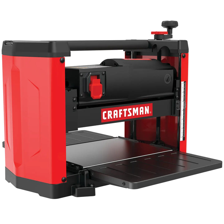Photo of Craftsman planer CMEW320 in red and black, angled view on white background, woodworking power tool.
