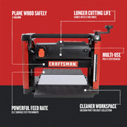 Photo of Craftsman wood planer CMEW320, front angle, red and black, showing feed table and control features.