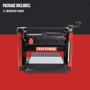 Craftsman CMEW320 benchtop planer, front angle, black and red design on red background.