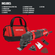 Photo of Craftsman CMEW400 oscillating tool kit with bag and included blades and sandpaper on red background.