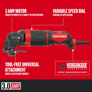Photo of Craftsman oscillating tool CMEW400, black and red, side angle, with tool-free attachment and variable speed.