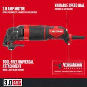 Photo of Craftsman oscillating multi-tool CMEW401, side angle, black and red, 3.0 amp motor, tool-free attachment, variable speed dial.