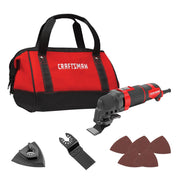 Photo of Craftsman multi-tool CMEW401 kit with red and black tool bag, multi-tool, blades, sanding pads, white background.