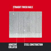 Photo of Craftsman straight finish nails CMFN16PP, adhesive collated, steel construction, shown from front on red background.