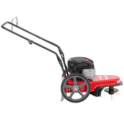 Side view of Craftsman walk-behind wheeled string trimmer CMGT232501, red body, large rear wheels, white background.