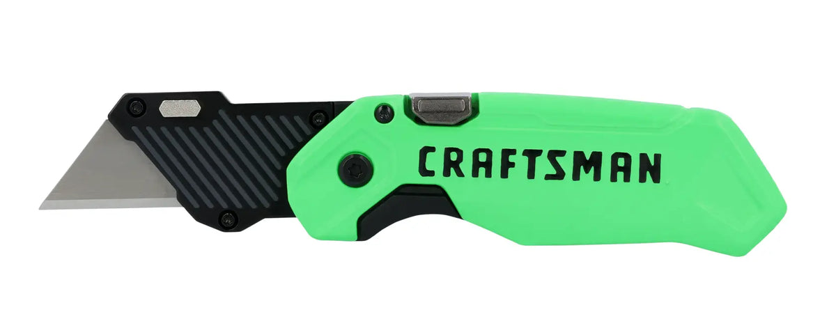 Photo of Craftsman CMHT10352 folding utility knife with green handle, left side, white background.
