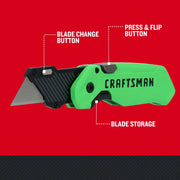 Photo of Craftsman green folding utility knife, CMHT10352, side view with blade storage and change buttons.