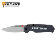 Photo of Craftsman folding knife, black handle, silver blade, model CMHT10354, side angle on white background.