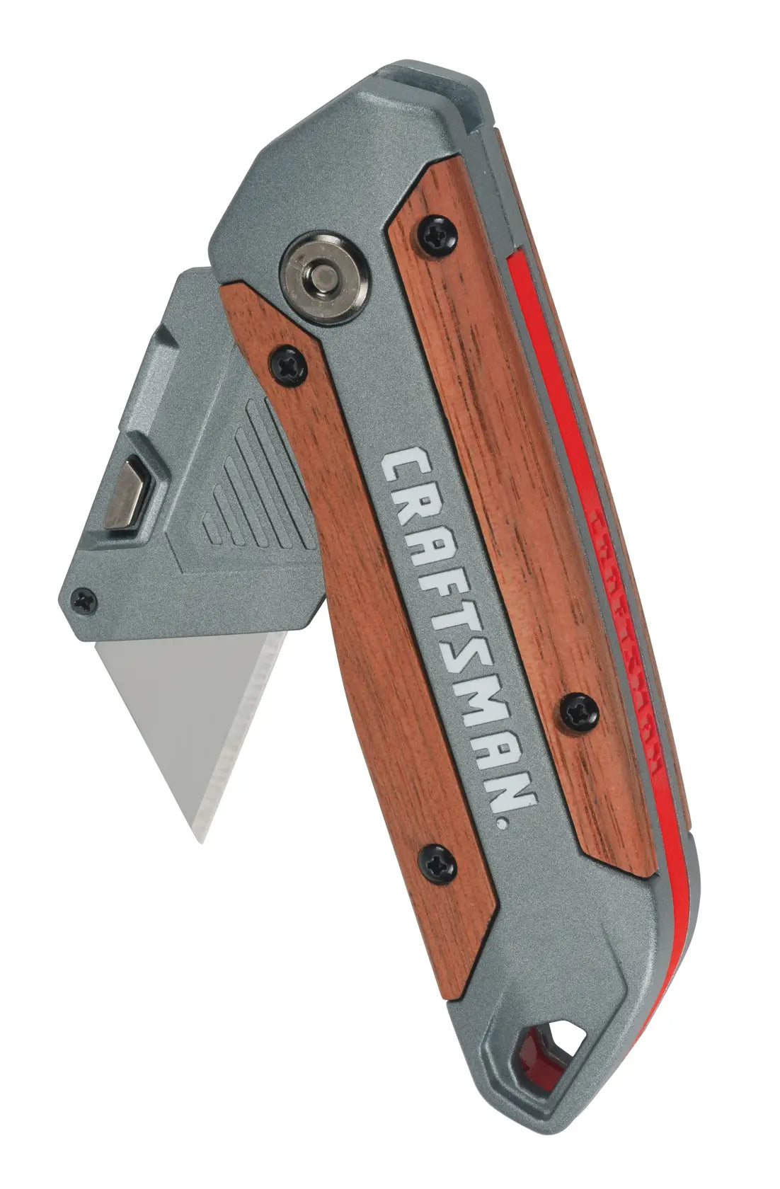 Photo of CRAFTSMAN folding utility knife, SKU CMHT10584, gray metal and wood handle, angled view.