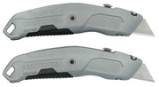 Photo of two gray Craftsman utility knives CMHT10588C, angled view, black grip handles, white background.