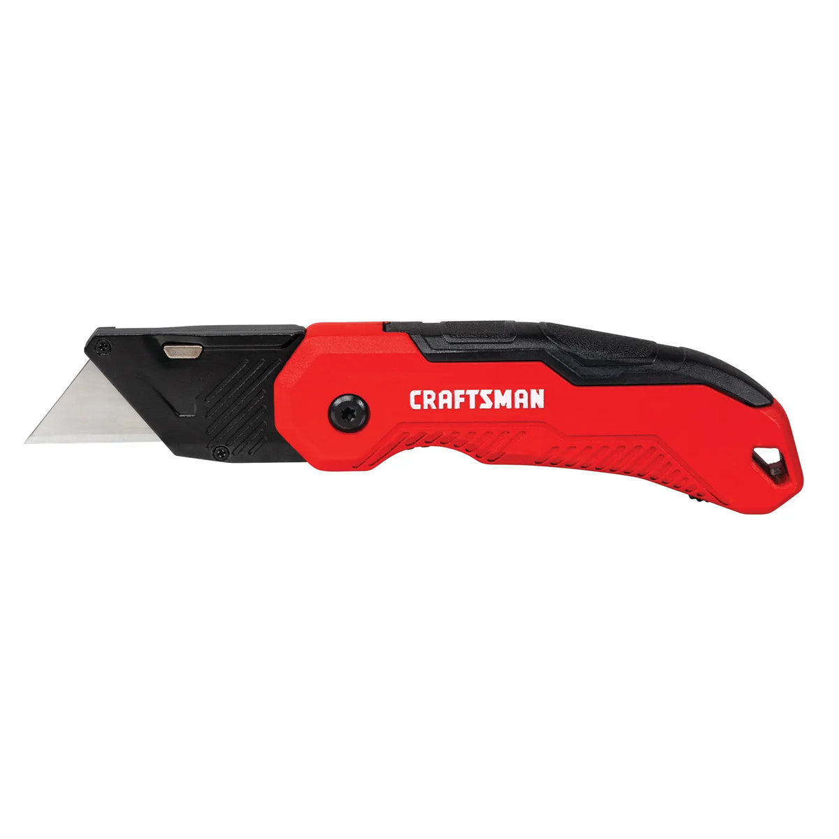 Craftsman utility knife CMHT10930, red and black, side angle, ergonomic handle, photography on white background.