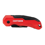 Craftsman CMHT10930 red and black folding utility knife, side angle, white background.
