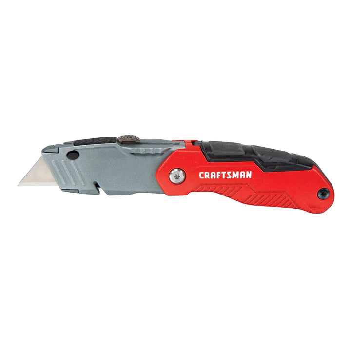 Photo of Craftsman utility knife CMHT10932 with red and black handle, left side view, white background.
