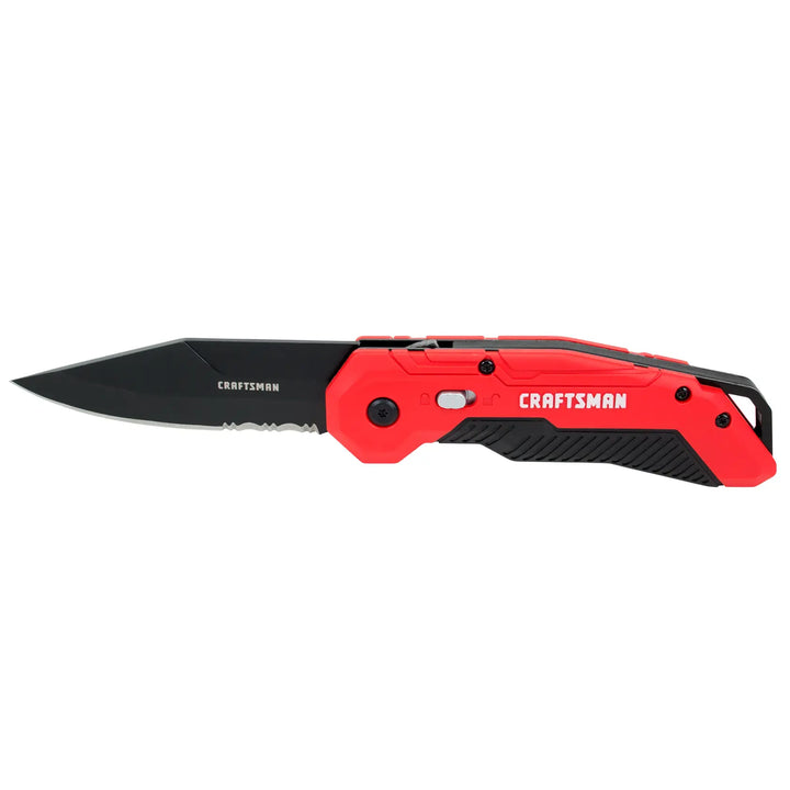 Photo of Craftsman CMHT10934 folding knife with red and black handle and partially serrated black blade, side angle.