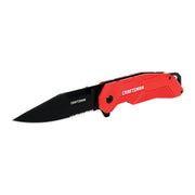 Photo of Craftsman folding pocket knife CMHT10935 with red handle and black partially serrated blade, side view.