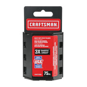Craftsman CMHT11700N heavy duty utility blades pack, 75 pieces, black and red packaging, front angle.