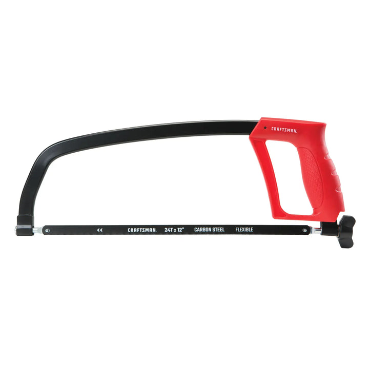 Photo of Craftsman CMHT20138 carbon steel hacksaw with red handle, side angle, white background.