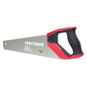 Photo of CRAFTSMAN hand saw with red and black ergonomic handle, universal cut blade, model CMHT20880, side angle.