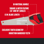 Photo of Craftsman hand saw CMHT20880 with 15 in. blade, bi-material handle, square and miter feature, exclusive tooth geometry.