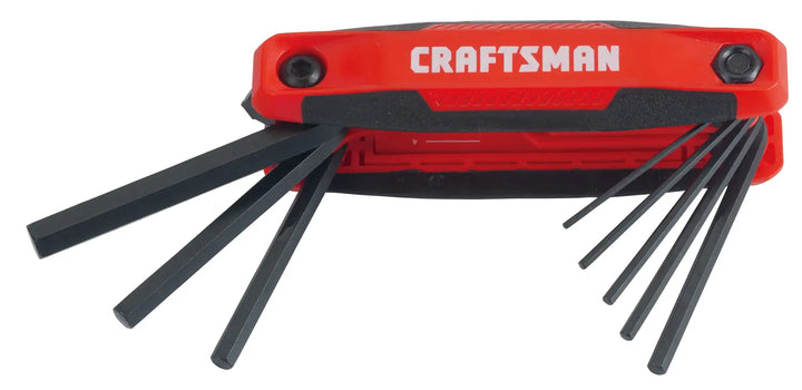 CRAFTSMAN CMHT26007 folding hex key set with red and black handle, multiple hex keys extended, front angle.