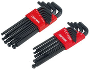 Photo of CRAFTSMAN CMHT26009 hex key set with two sets of black ball-end hex keys in red holders, angled on white background.