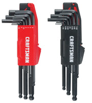 Photo of Craftsman CMHT26020 hex key set with red and black holders, visible size markings, white background, front angle.
