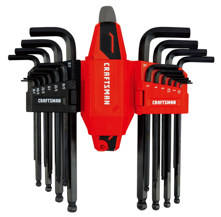 Craftsman CMHT26028 hex key set with black and red cases, multiple key sizes visible, front view on white background.