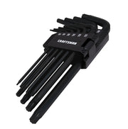 Photo of Craftsman CMHT26031 black Torx key set with labeled holder, angled view, white background.