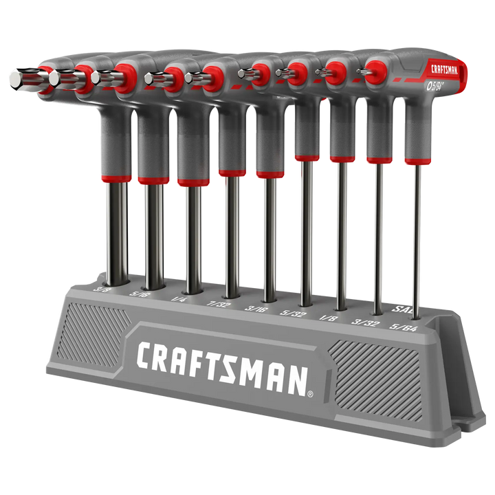 A set of Craftsman T-handle hex key wrenches in various sizes arranged in a gray storage holder labeled with their sizes.