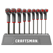 A set of nine Craftsman brand hex key wrenches with ratcheting heads, displayed upright in a gray holder marked with various sizes. The holder prominently features the Craftsman logo.