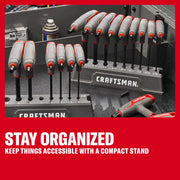 CRAFTSMAN hex key sets shown in labeled compact stands for organized storage in a workshop.