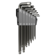 A set of nine metal hex keys or Allen wrenches arranged in a gray plastic holder, each labeled with its size. The wrenches are organized by size, with the largest on the left and the smallest on the right.