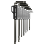 A set of nine Craftsman brand star tip hex keys, also known as Torx keys, arranged in a gray holder. Each key is labeled with its size in inches.
