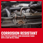 Gloved hand uses an L-shaped metal tool on a rusty bolt. Text highlights corrosion resistance and gun-metal finish.