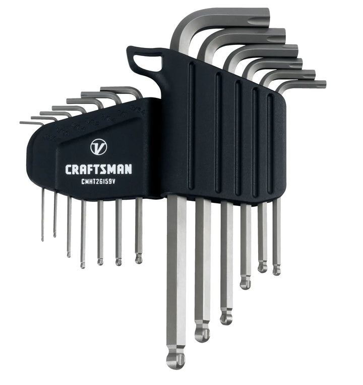 Photo of Craftsman CMHT26159V hex key set in black holder, assorted sizes, front angle on white background.