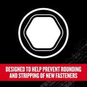 Craftsman CMHT26162V graphics with white hexagon bolt icon and text stating designed to help prevent rounding and stripping.