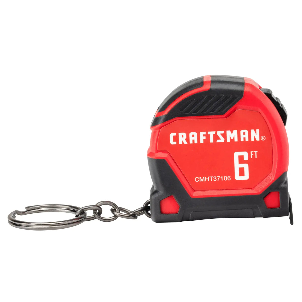 Craftsman 6 ft tape measure keychain, red and black, CMHT37106G, front angle on white background.