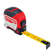Craftsman tape measure CMHT37109S, 9 ft, red and black, side angle on white background.