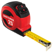 Photo of a CRAFTSMAN 25 ft tape measure, SKU CMHT37225S, with a red and black casing and yellow measuring blade.