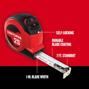 Photo of Craftsman 25 ft self-locking tape measure, CMHT37225S, red and black, features 1 inch blade width and 7 ft standout.