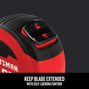Photo of Craftsman tape measure CMHT37225S with close-up on self-locking function button, black and red design.