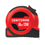 Photo of Craftsman tape measure, 8m/26ft, model CMHT37226, red and black casing, front angle, white background.